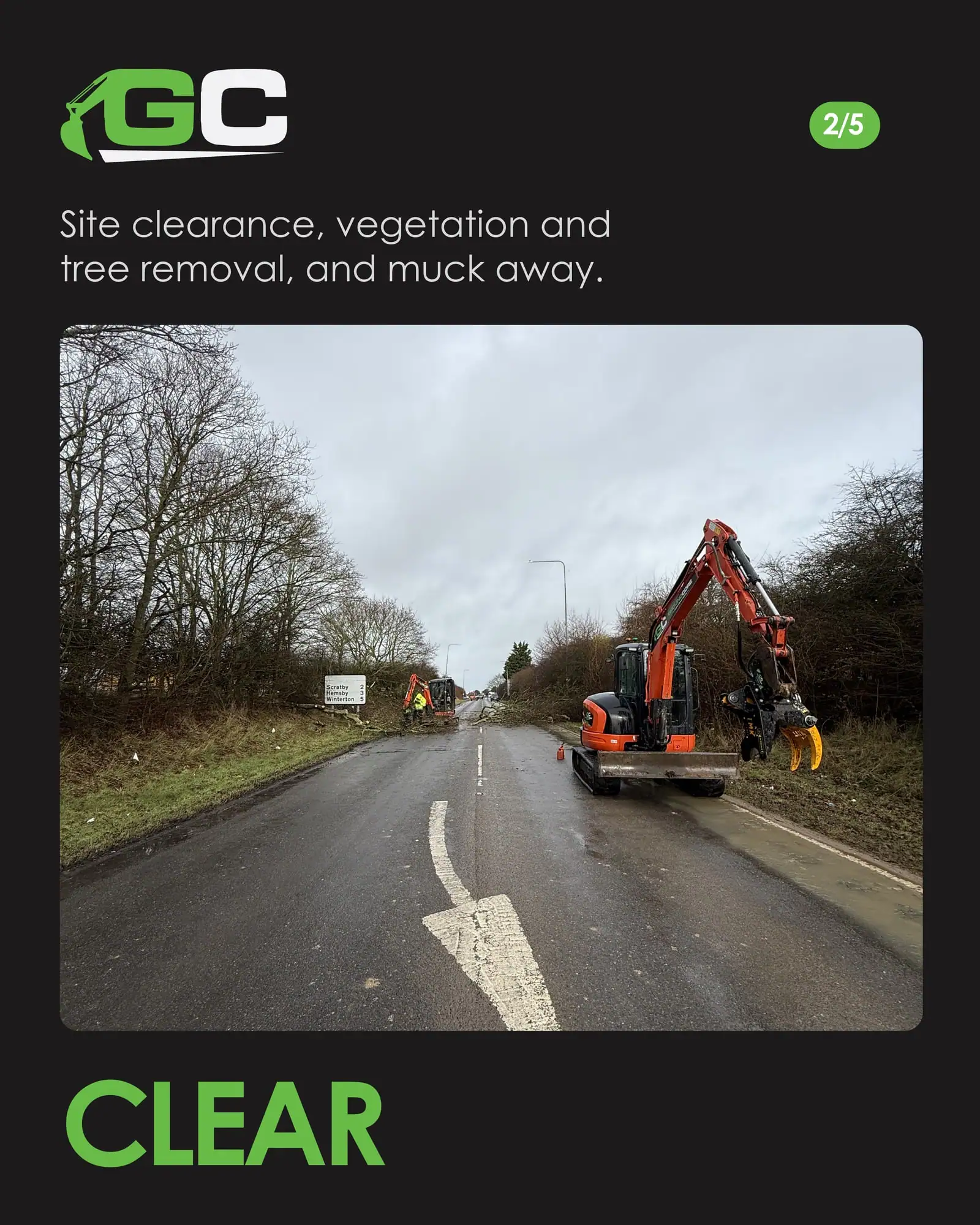 Clear slide: a GroundCore excavator clearing a roadside verge and hedge