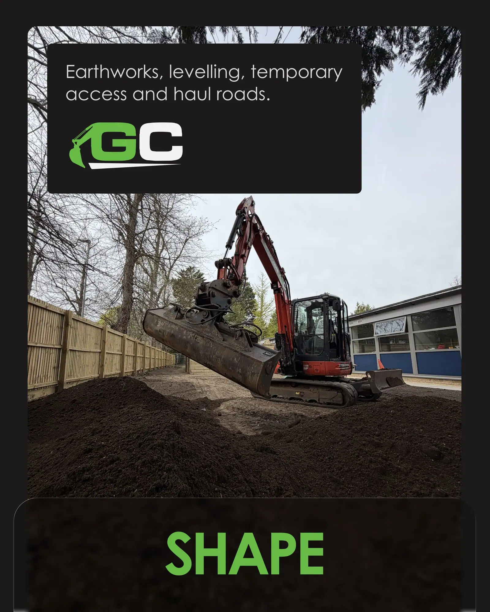 Shape slide: an excavator moving and levelling soil beside a timber fence
