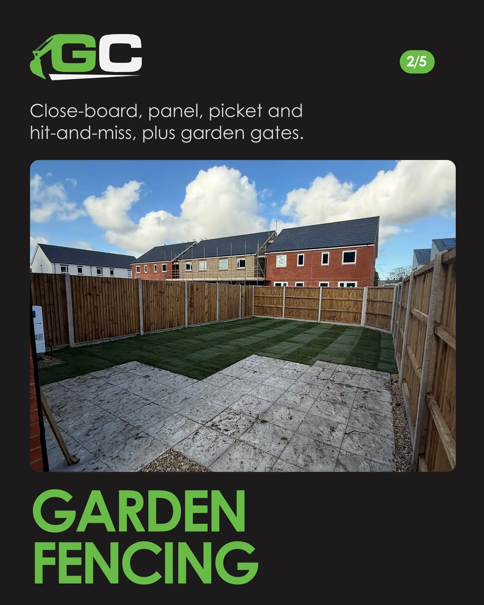 Garden fencing slide: a new close-board fence around a freshly turfed and paved garden