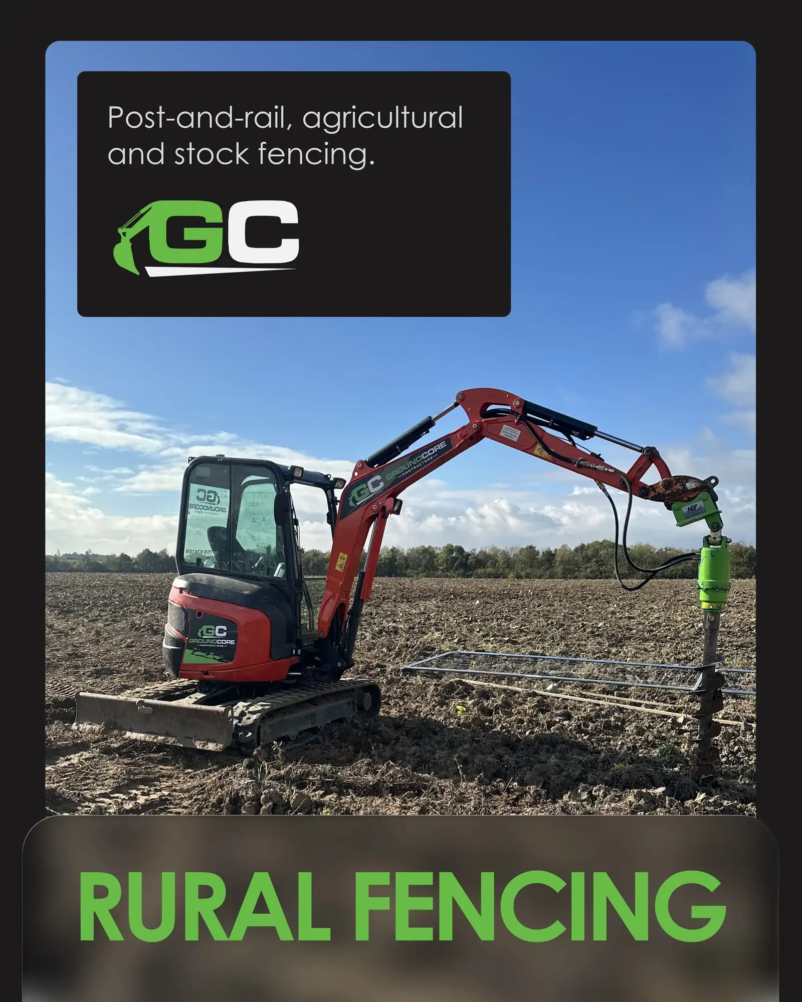 Rural fencing slide: a GroundCore mini excavator with an auger setting posts in an open field