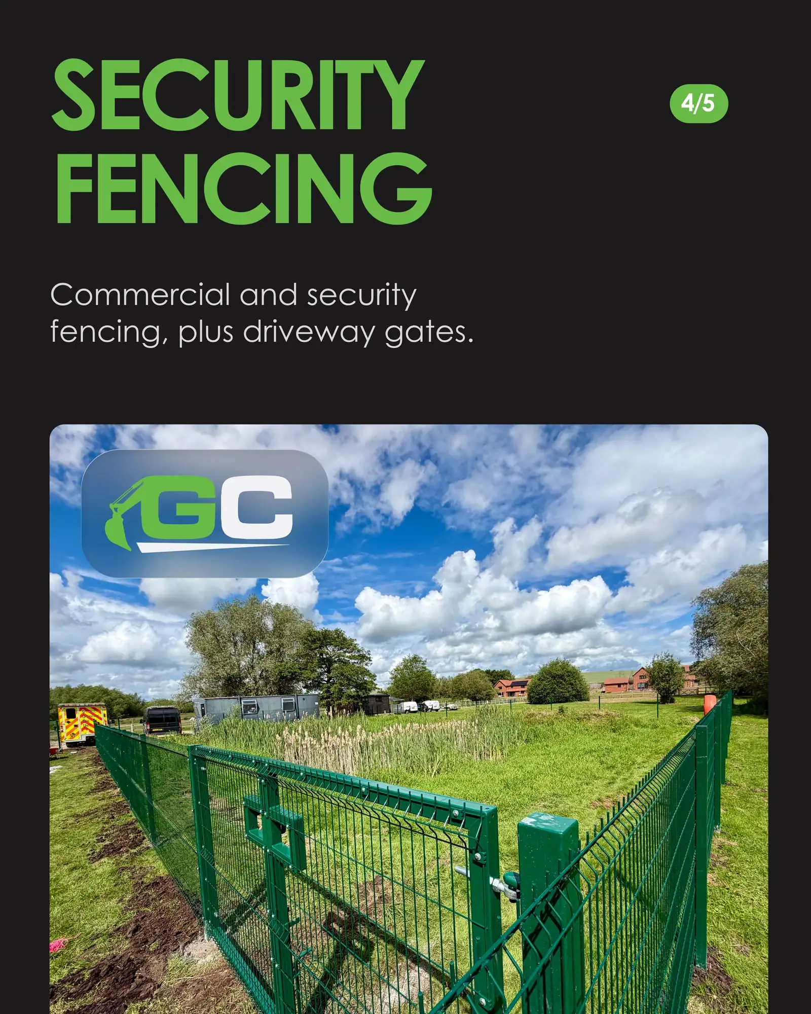Security fencing slide: green mesh security fencing and a double gate around a grassed site