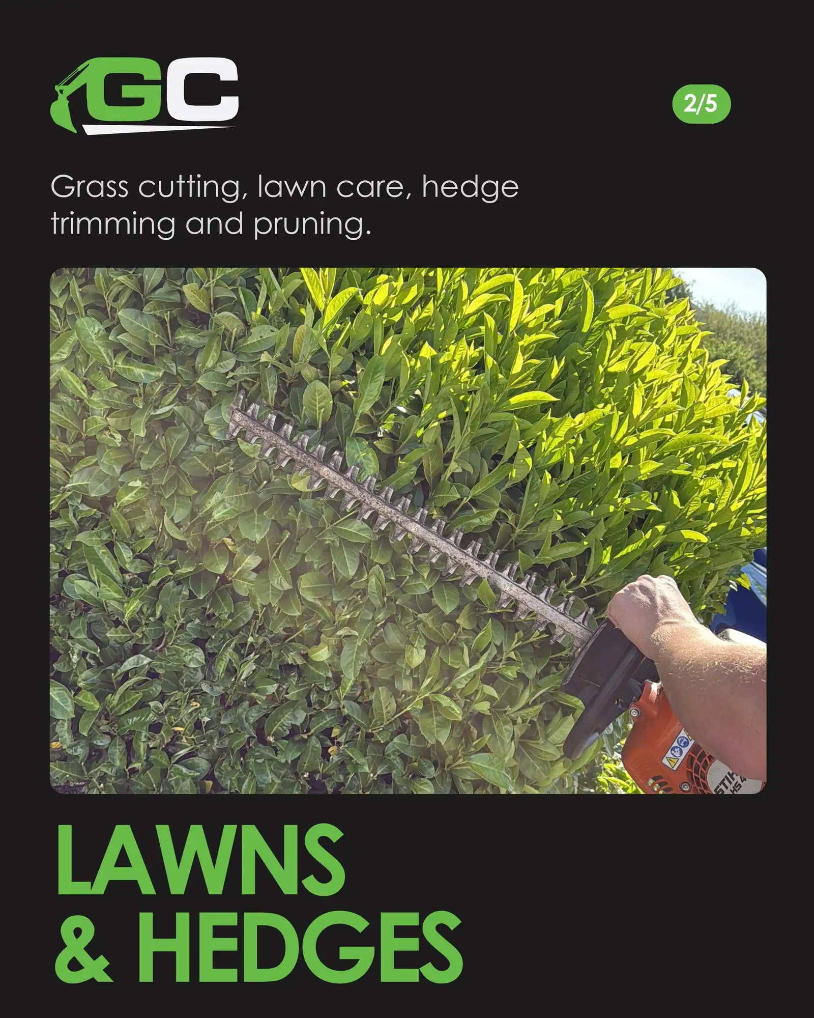 Lawns and hedges slide: a hedge trimmer cutting a thick green hedge
