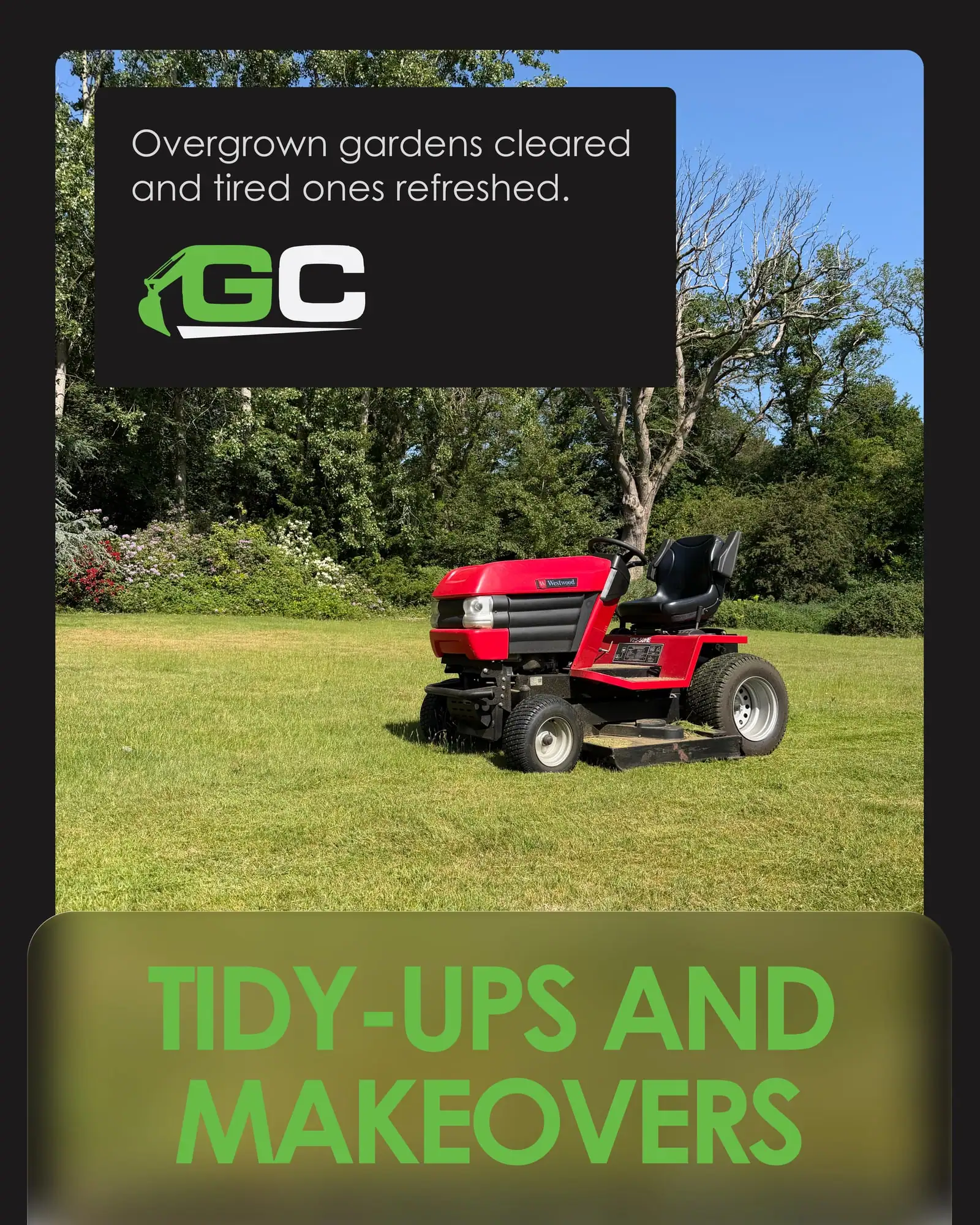 Tidy-ups and makeovers slide: a red ride-on mower on a freshly cut lawn