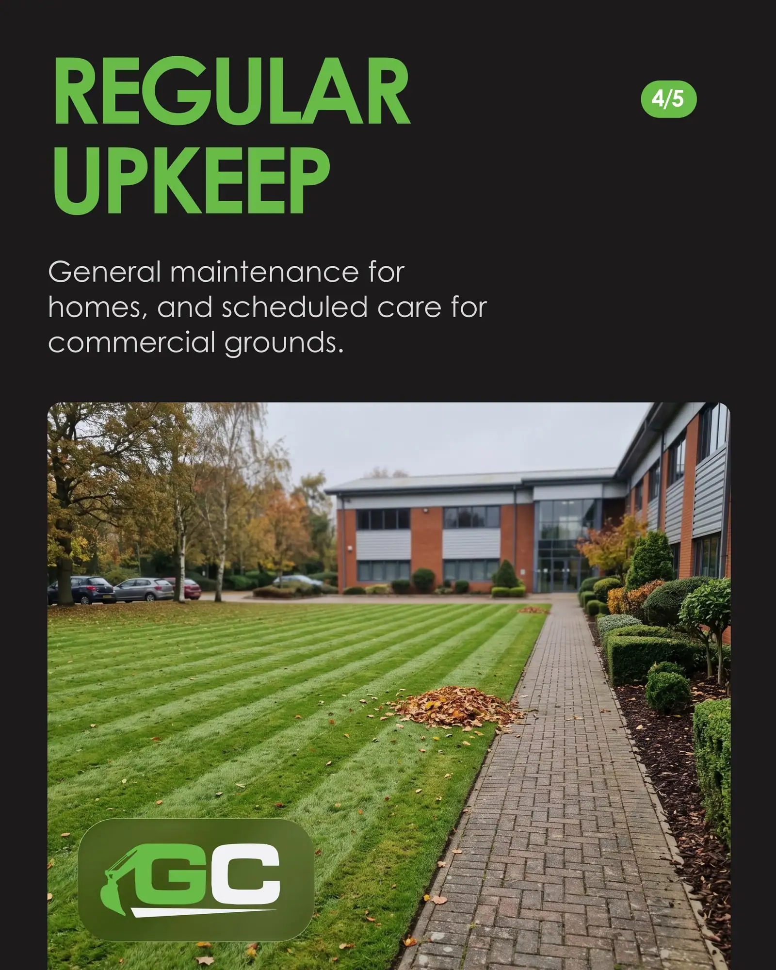 Regular upkeep slide: striped lawns and a brick path outside a commercial office building
