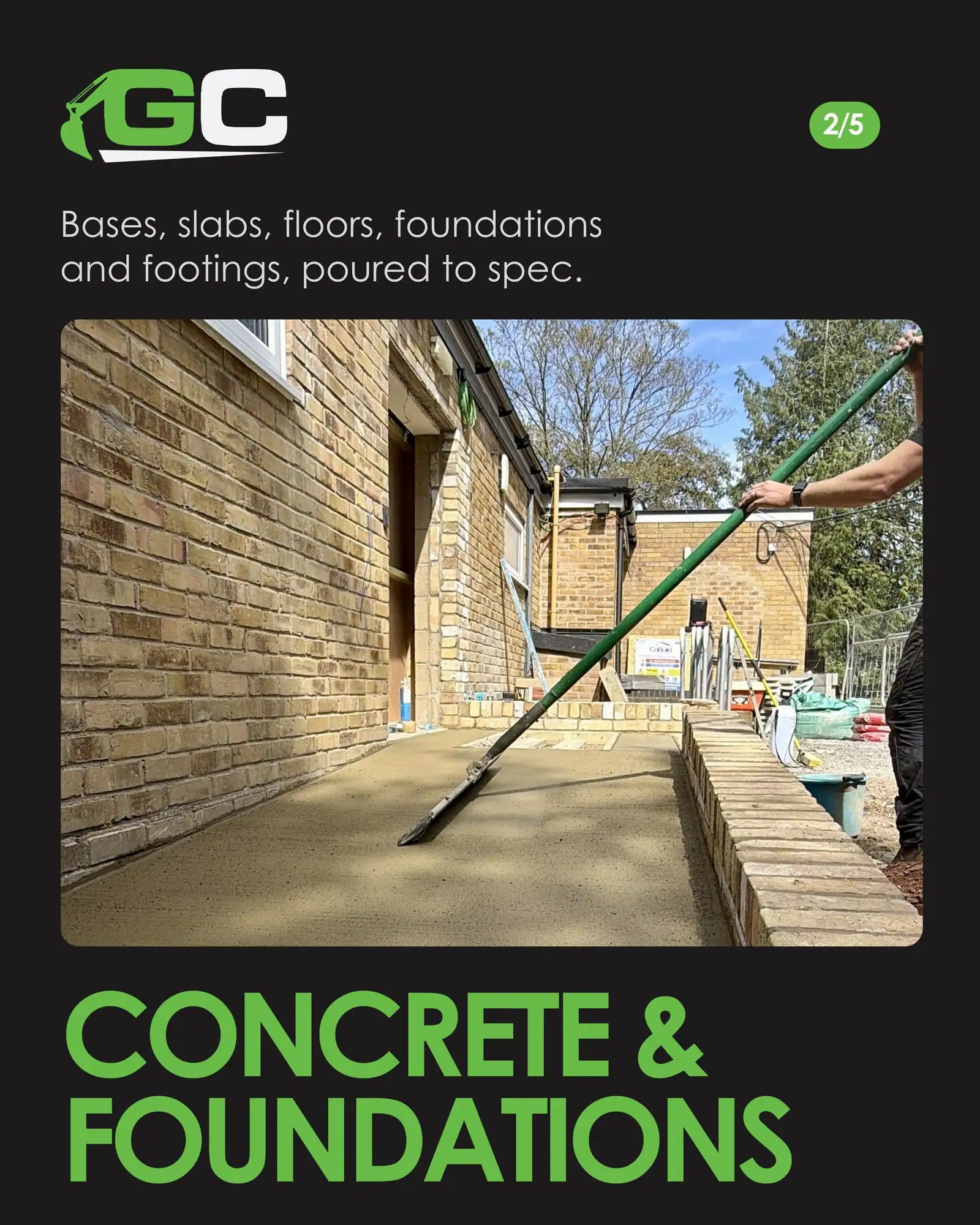 Concrete and foundations slide: a new concrete path being finished alongside a brick building