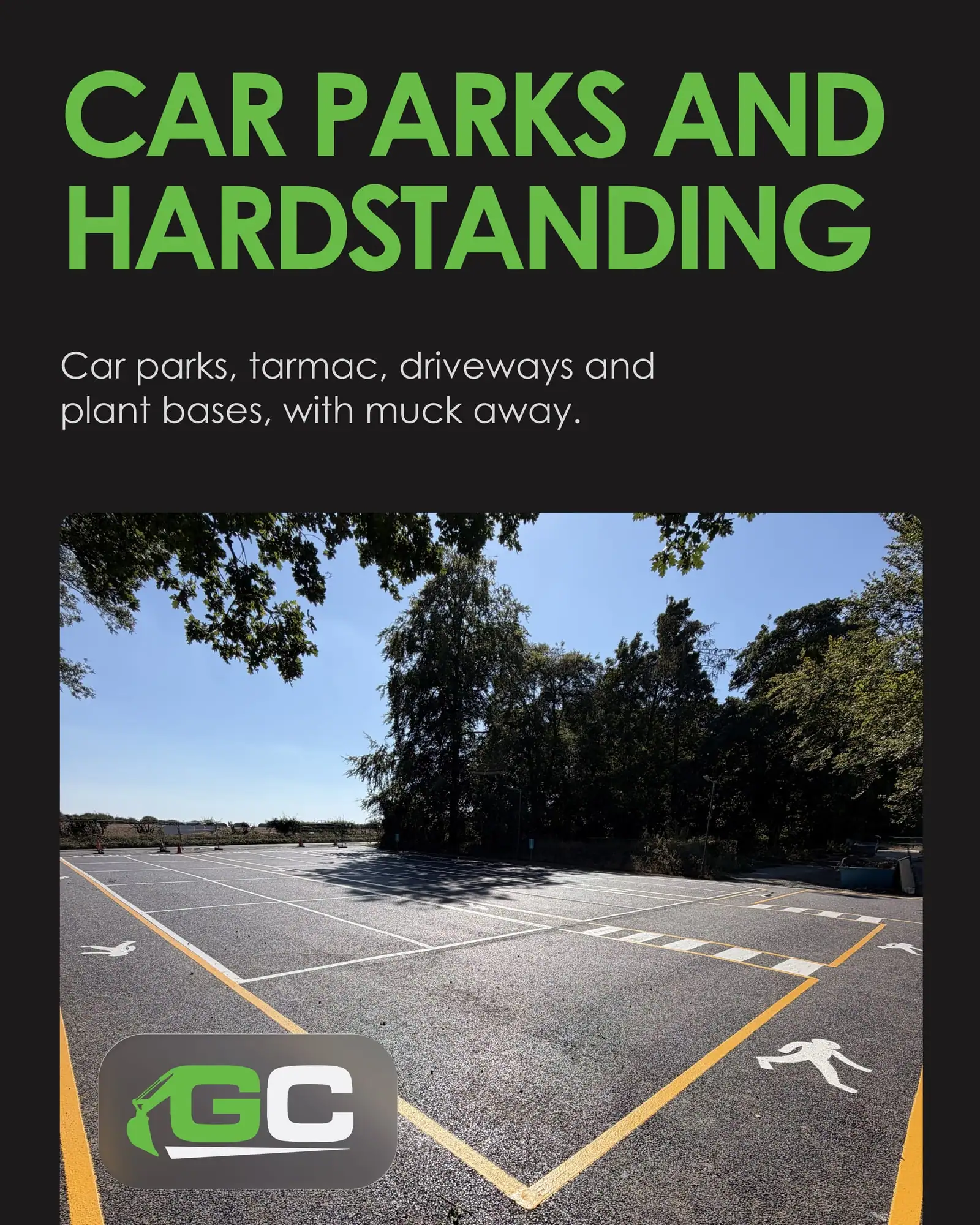 Car parks and hardstanding slide: a newly surfaced and marked car park under trees