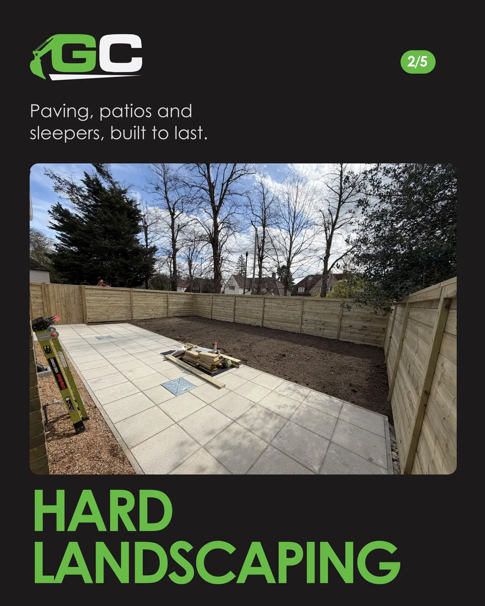 Hard landscaping slide: a new pale paved patio inside fresh timber fencing