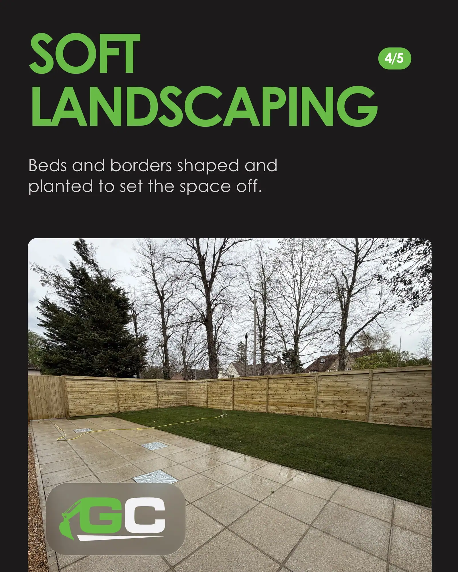 Soft landscaping slide: a new lawn beside a paved patio inside timber fencing