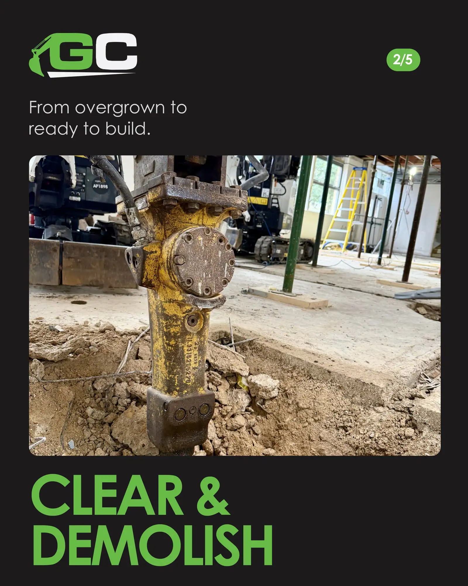 Clear and demolish slide: an excavator breaker breaking out a concrete floor inside a building