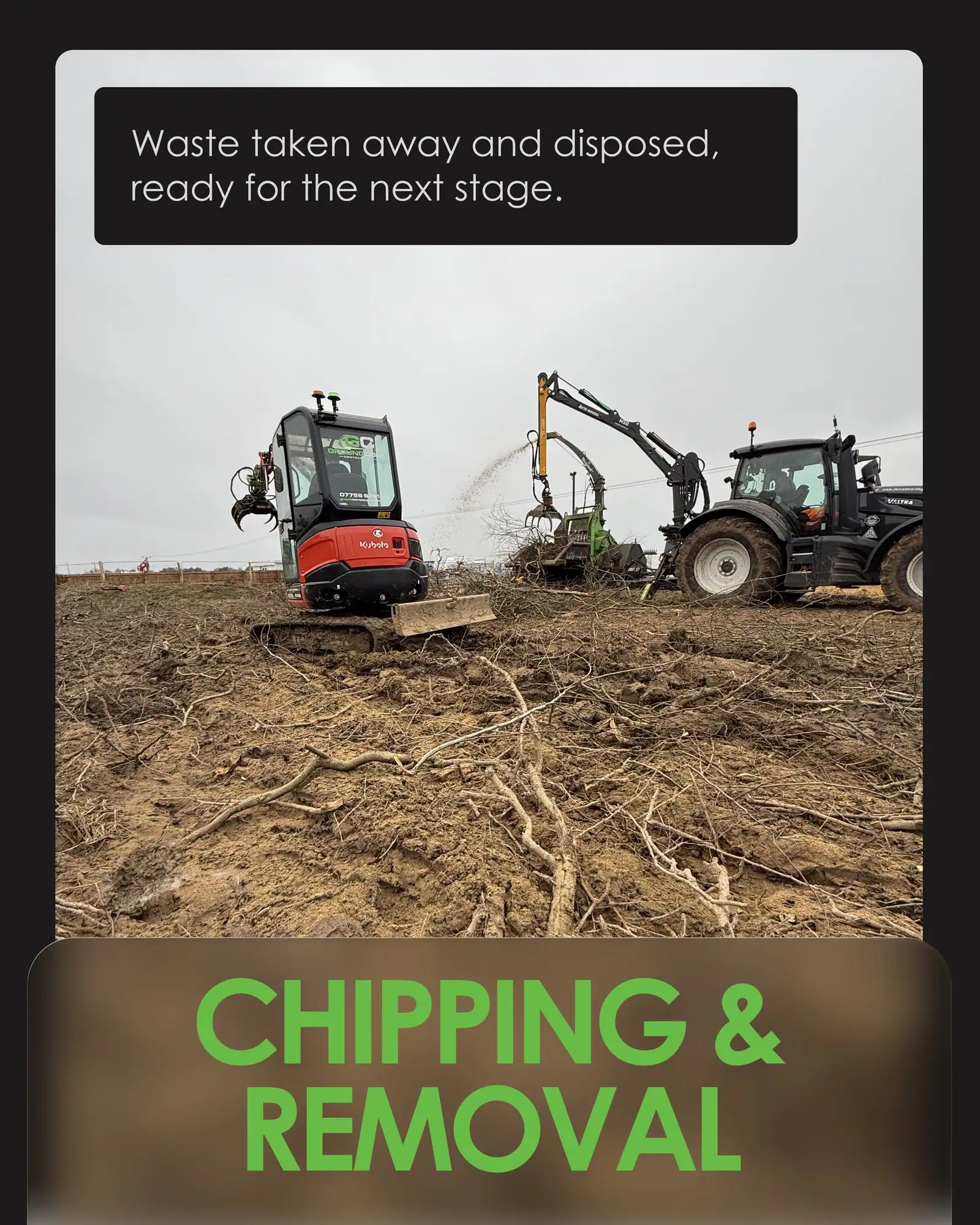 Chipping and removal slide: an excavator and tractor clearing roots and brash from a stripped field