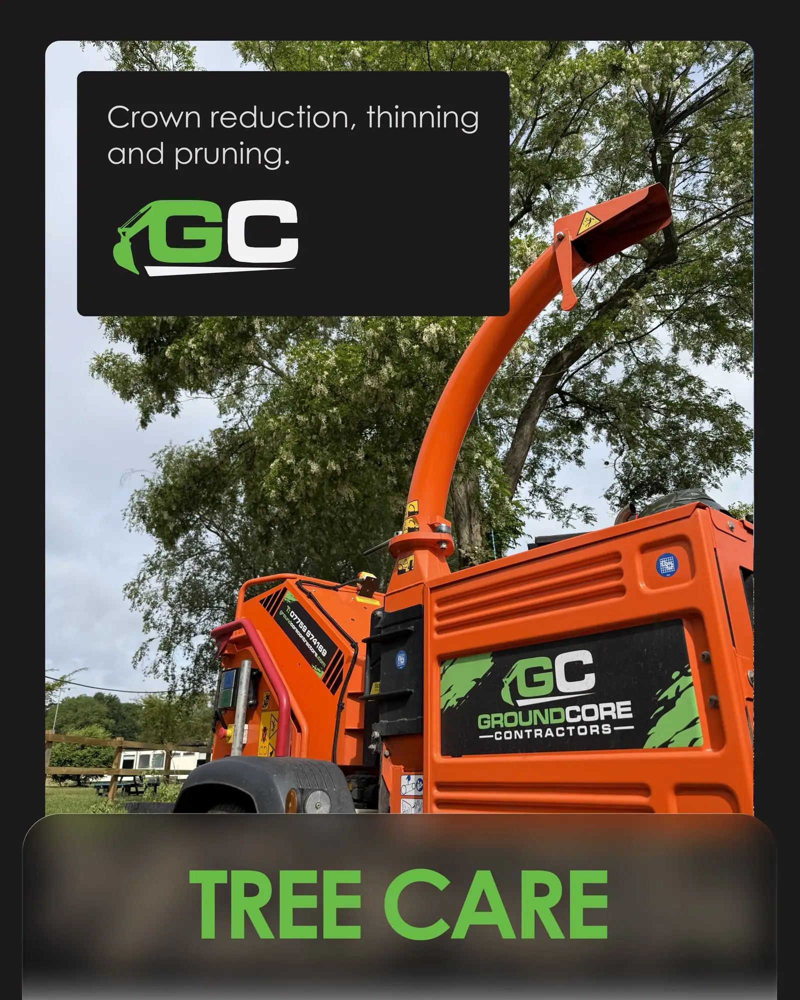 Tree care slide: the orange GroundCore wood chipper parked beneath a large tree