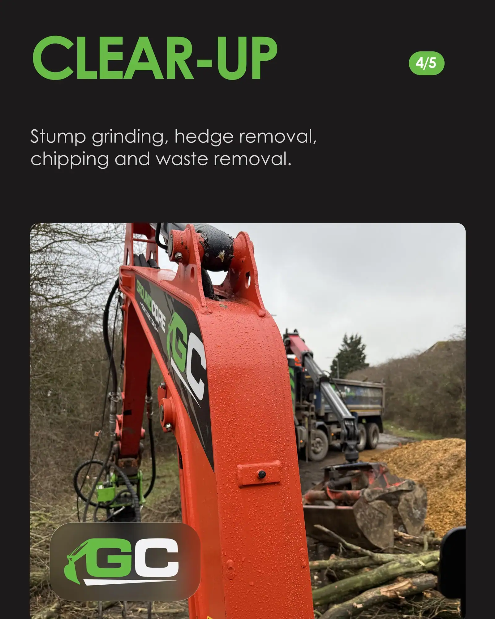 Clear-up slide: an excavator with a grab working beside a pile of wood chip