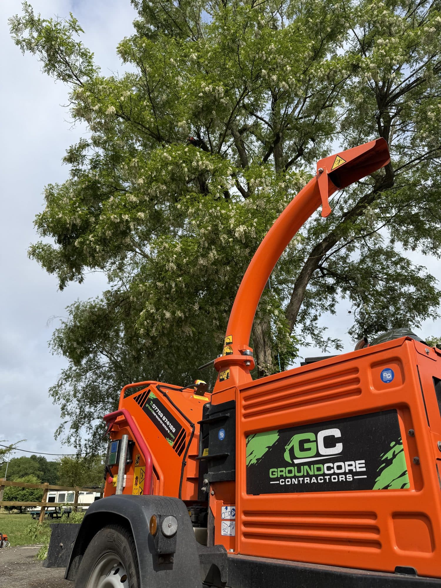 The orange GroundCore Contractors wood chipper parked beneath a tall tree on a job